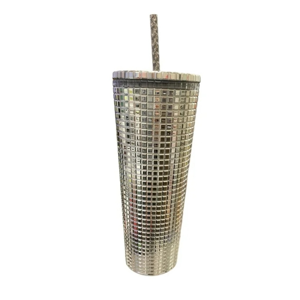 Starbucks 2023 Holiday Silver Disco Ball Mirror Grid 24 oz Venti Tumbler - Picture 2 of 3